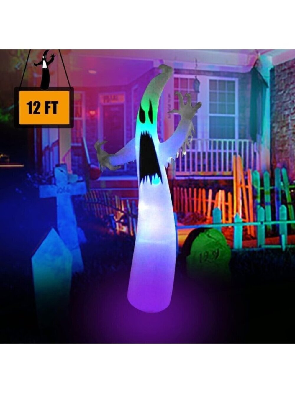 BLOWOUT FUN 12ft Halloween Inflatable Decoration White Ghost LED Blow Up Lighted
